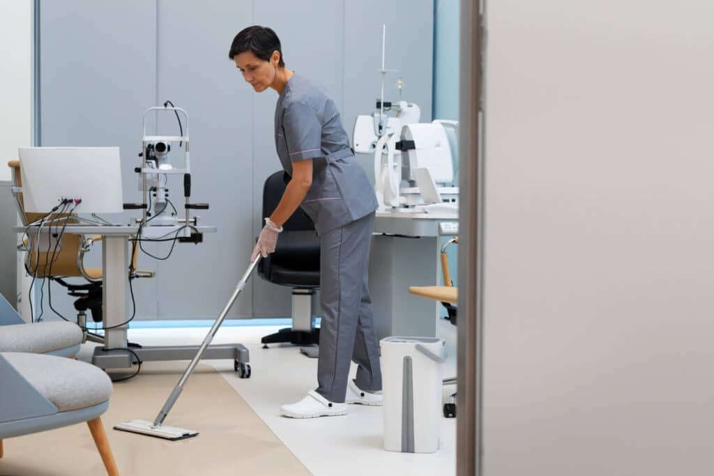 A healthcare professional cleaning an office space with a mop.